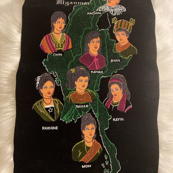 Vintage Black Velvet Wall Hanging Golden Myanmar Asian Tapestry Scroll Art - Picture 1 of 4